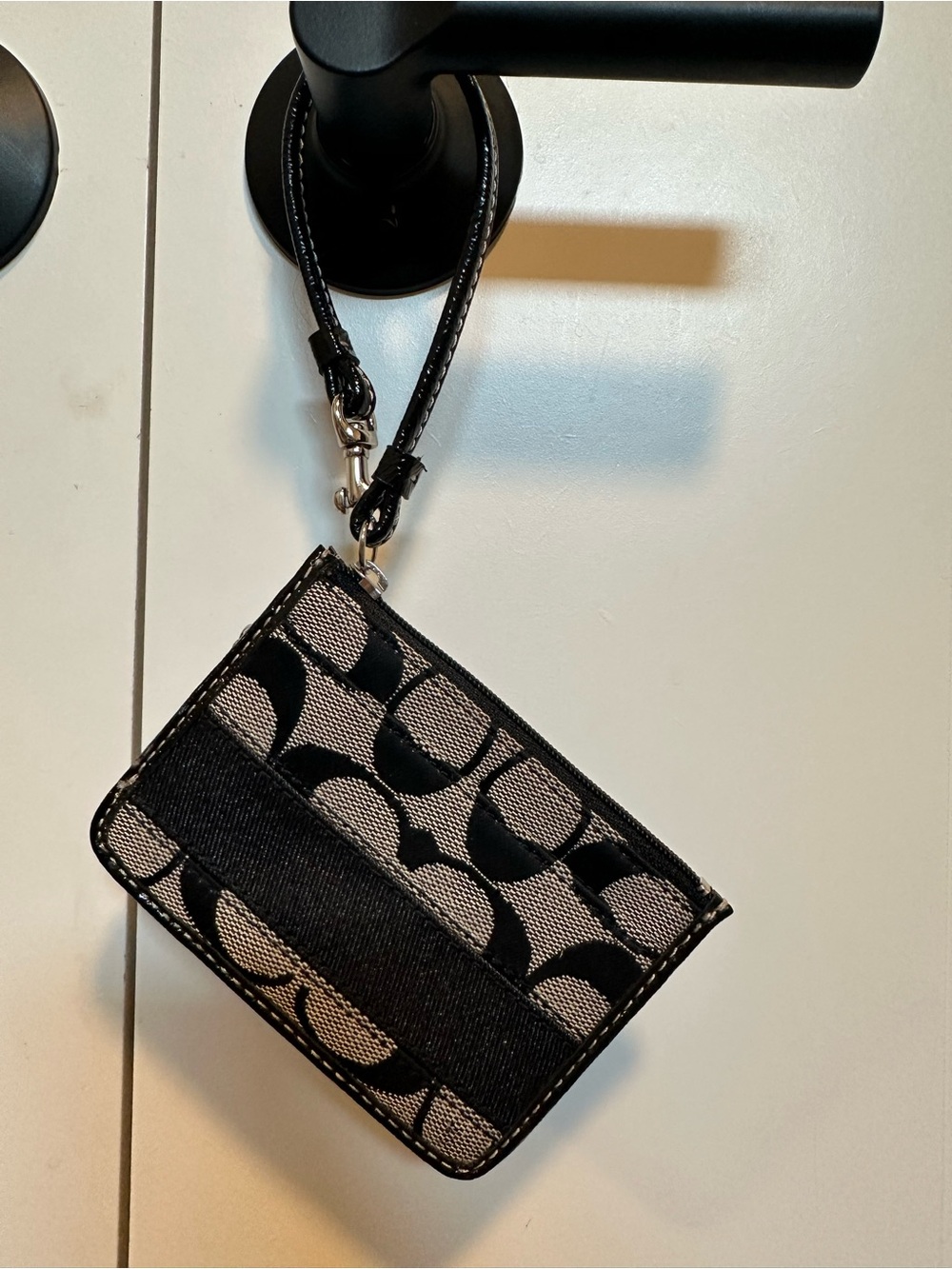 Coach Black/Grey Stripe Signature Card Case Wristlet with Key Ring